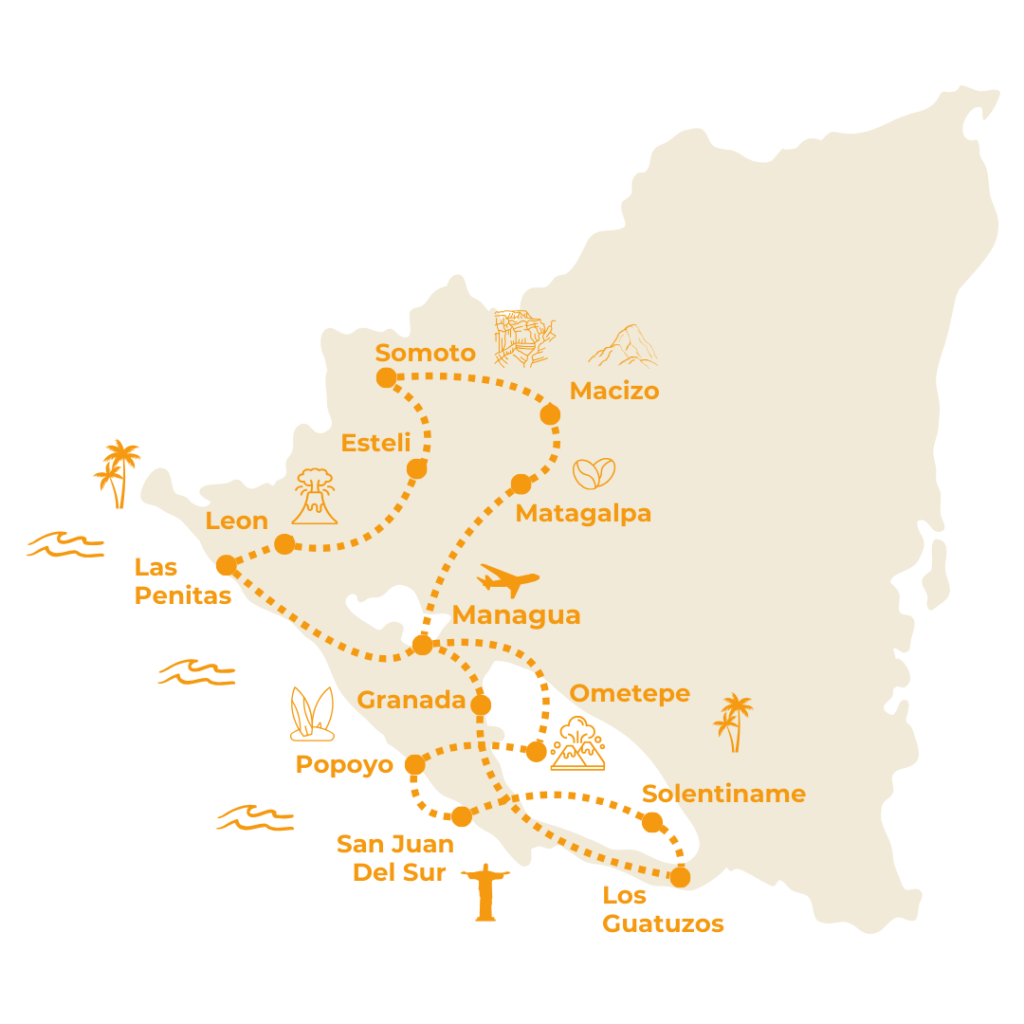 The route of the 18-Day Grouptour to Nicaragua with Mono Loco Adventures